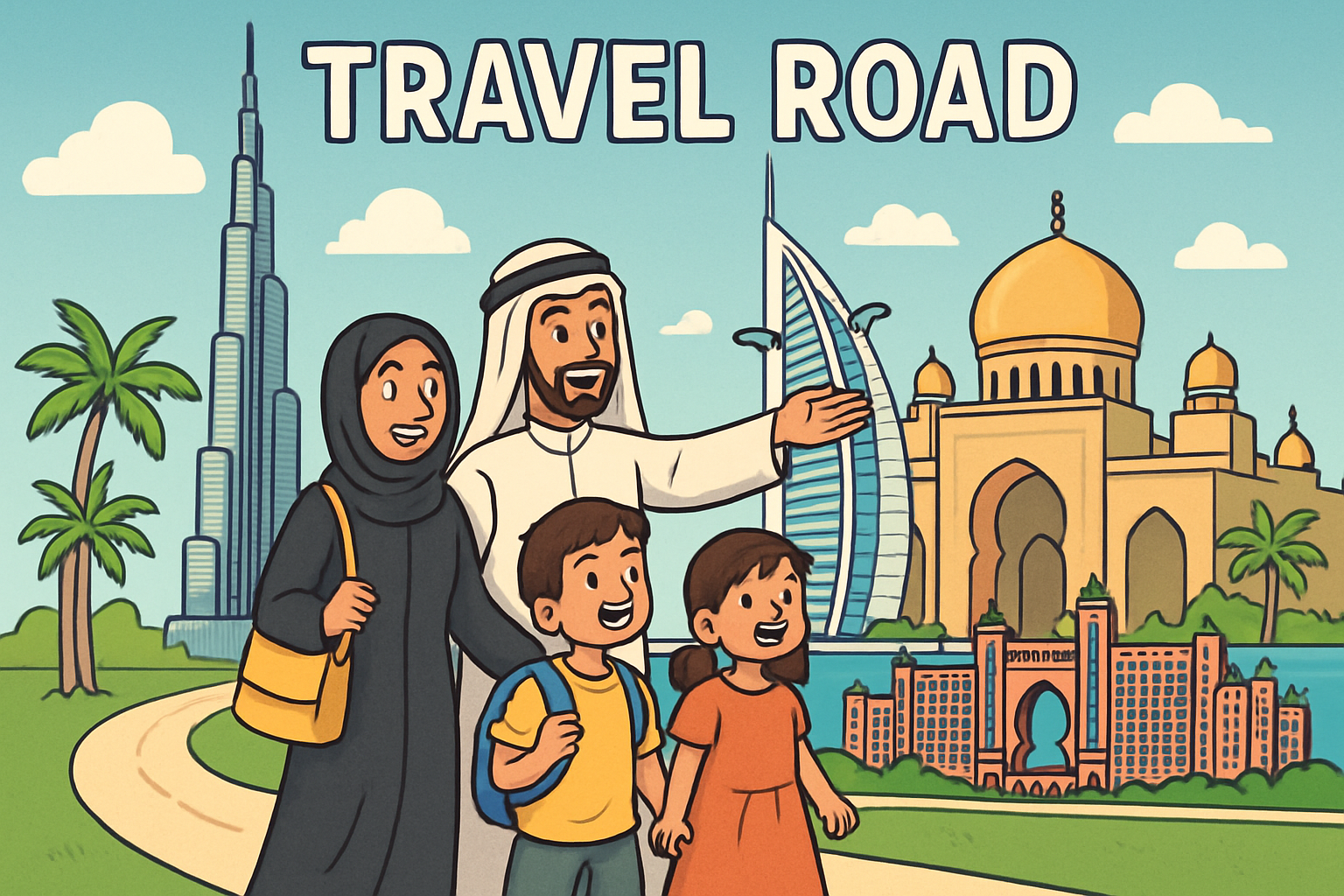 Travel Road guide showing a family iconic Dubai landmarks