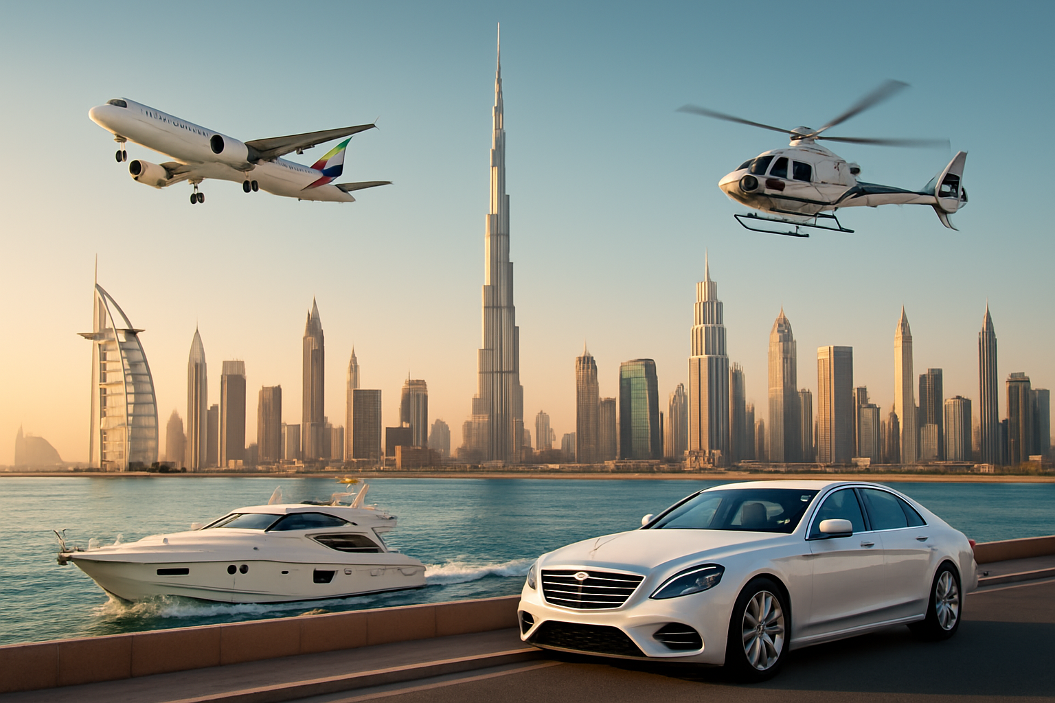 Luxury Dubai cityscape with travel options